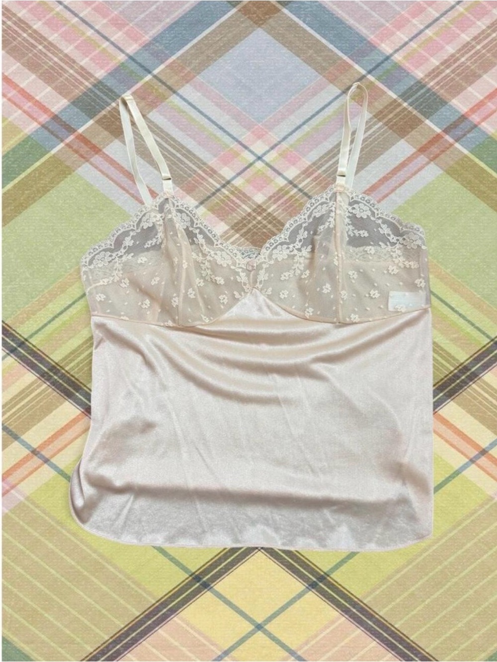 Vintage Sheer Lace-Trim Satin Cami - Ivory